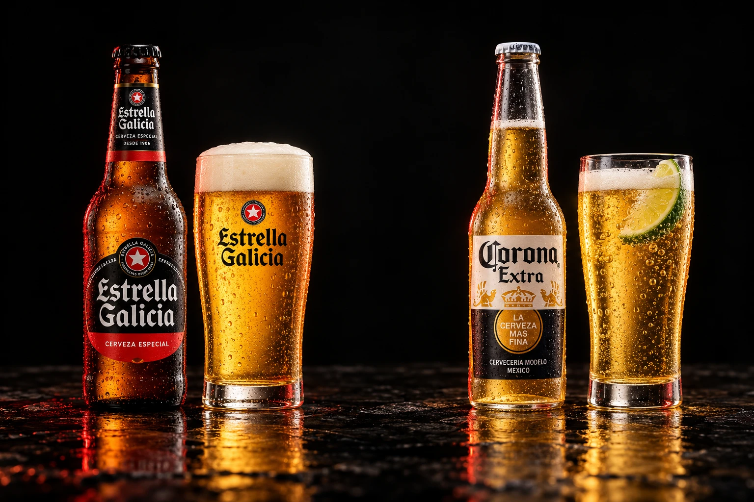 Botella de Estrella Galicia junto a un vaso con su bebida. Imagen ilustrativa.