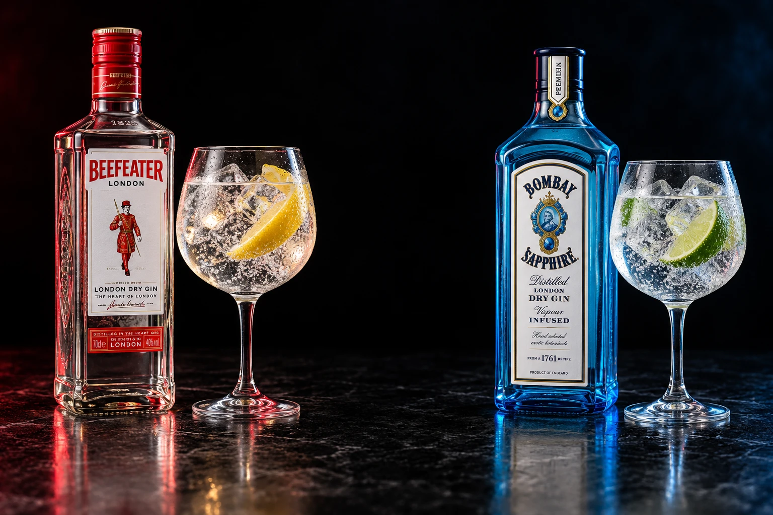 Botella de Beefeater junto a un vaso con su bebida. Imagen ilustrativa.