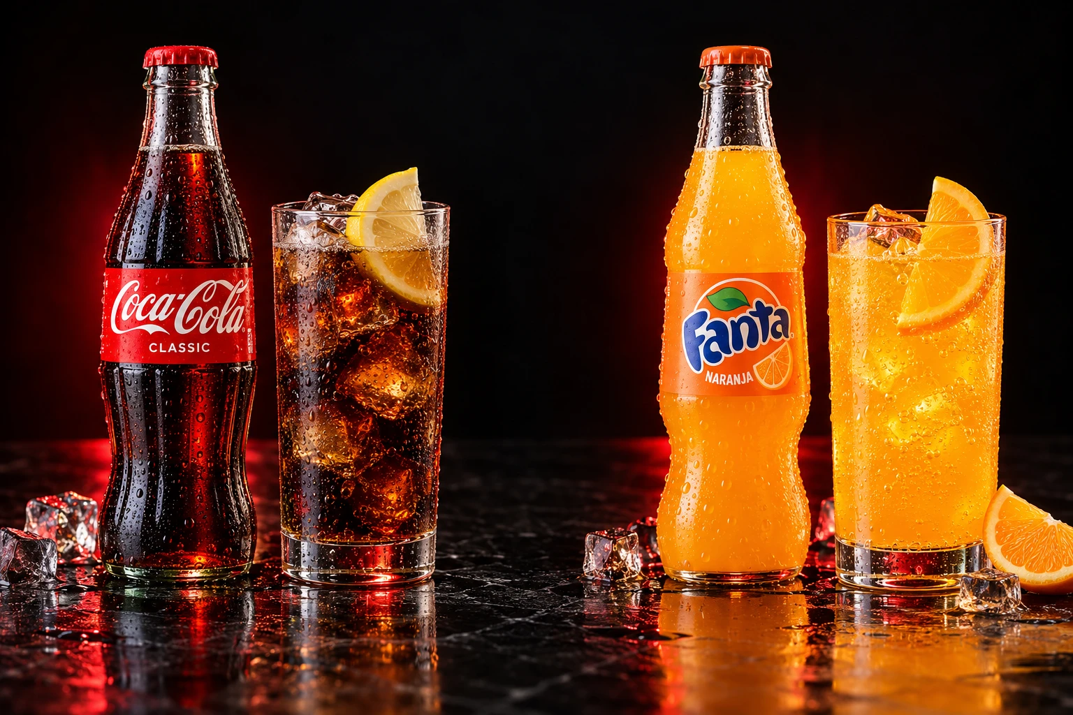 Botella de Coca-Cola junto a un vaso con su bebida. Imagen ilustrativa.