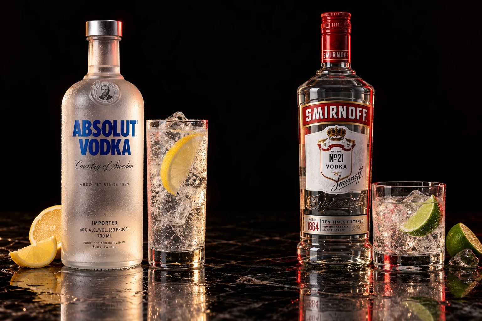 Botella de Absolut junto a un vaso con su bebida. Imagen ilustrativa.